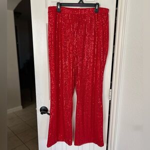 Elegant Red Sequin Wide Leg Pants